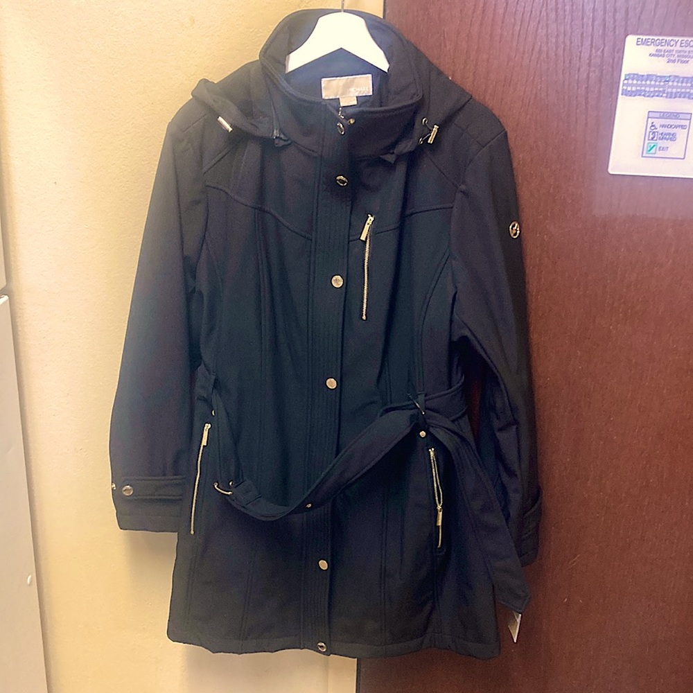 Michael Kors black Hooded and Belted rain and utility jacket